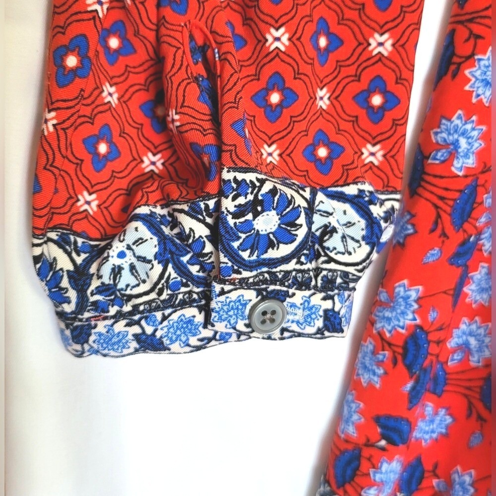 Loft Women Orange Blue Floral Boho Long Puff Sleeve Tie Waist Dress Small Petite - Picture 7 of 11